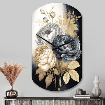 White, Gold And Black Rose Bouquet II - Asymmetric Metal Wall Clock